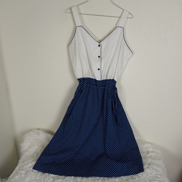 Vintage 1970s TopMade Navy & White Polka Dot Sleeveless Dress XS - Picture 5 of 10